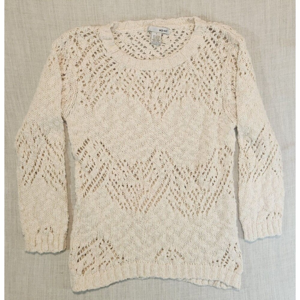 WD-NY Sweater Womens L Open Weave Chunky Crochet Knit Tunic Cream Cottage Core